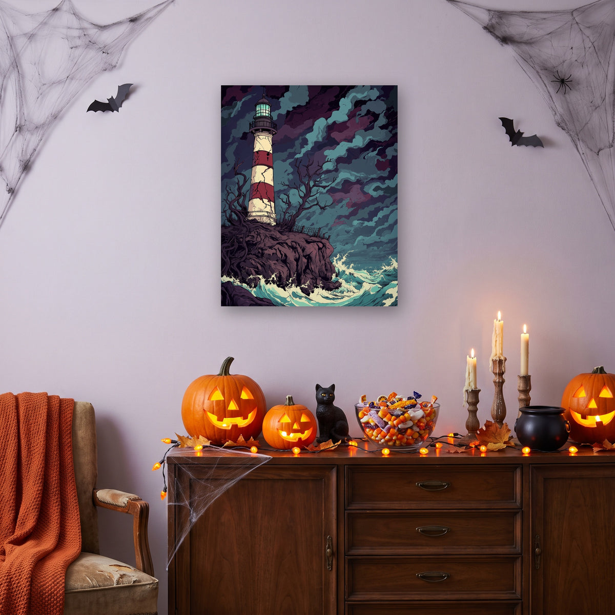 Tableau peinture par numéro Phare sur le Rocher accroché dans un intérieur décoré, Maison Artsen