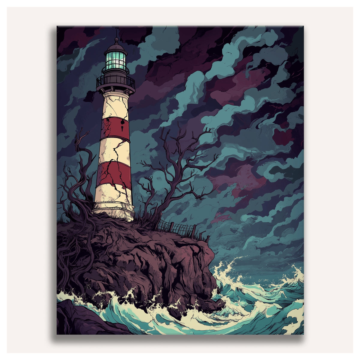 Peinture par numéro adulte Phare sur le Rocher, visuel complet du design sur toile, Maison Artsen