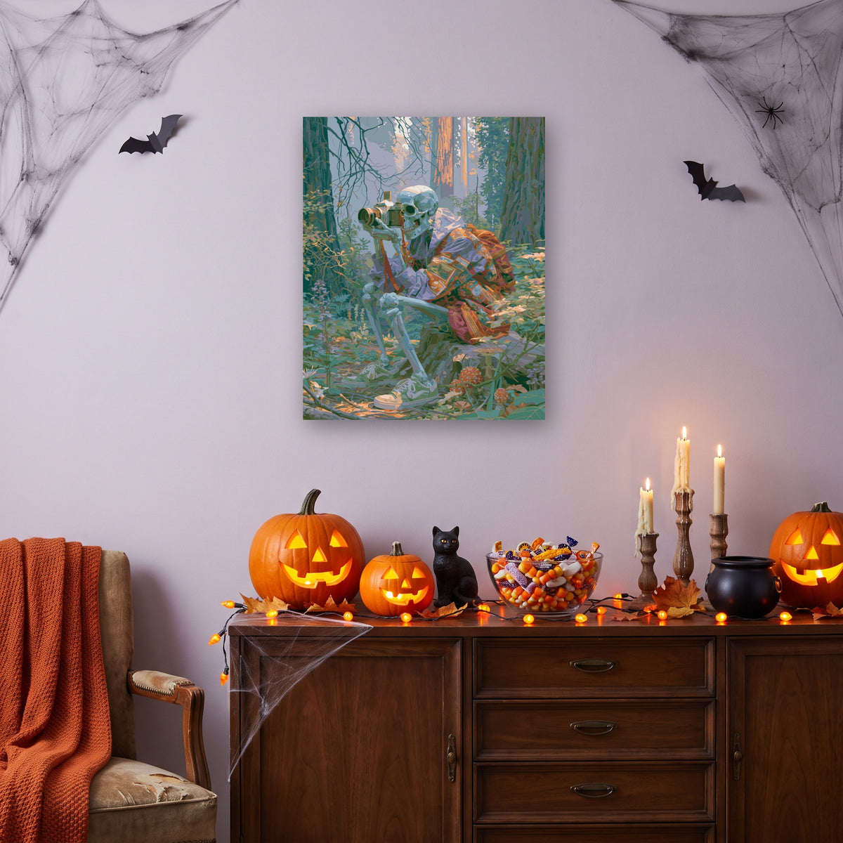 Tableau peinture par numéro Photographe de la Forêt accroché dans un salon décoré pour Halloween — Maison Artsen