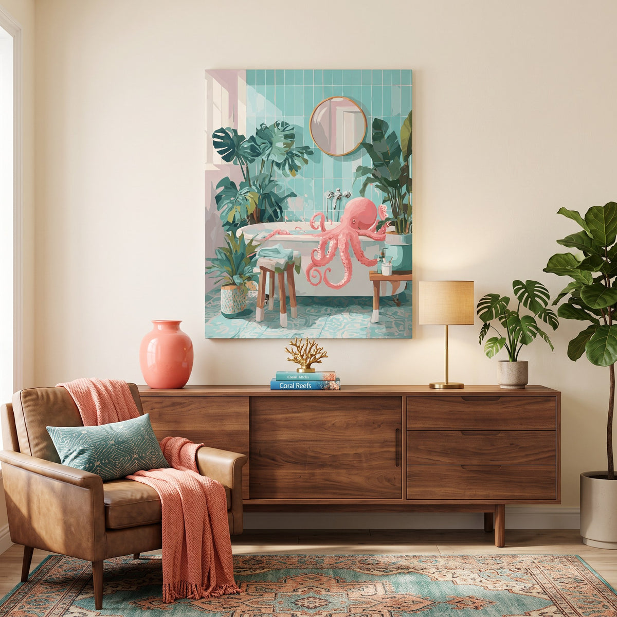 Tableau peinture par numéro Pieuvre au Bain accroché dans un intérieur décoré — Maison Artsen