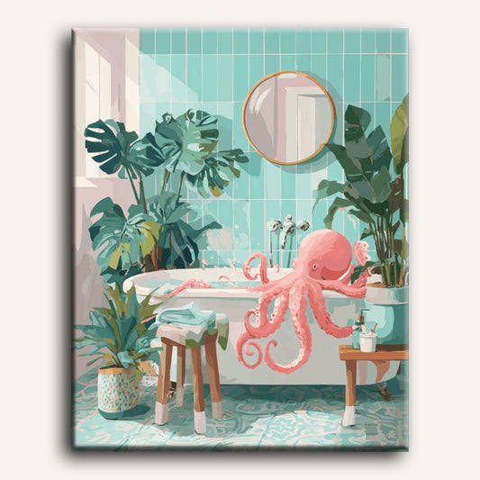 Peinture par numéro adulte Pieuvre au Bain, visuel complet du design sur toile — Maison Artsen