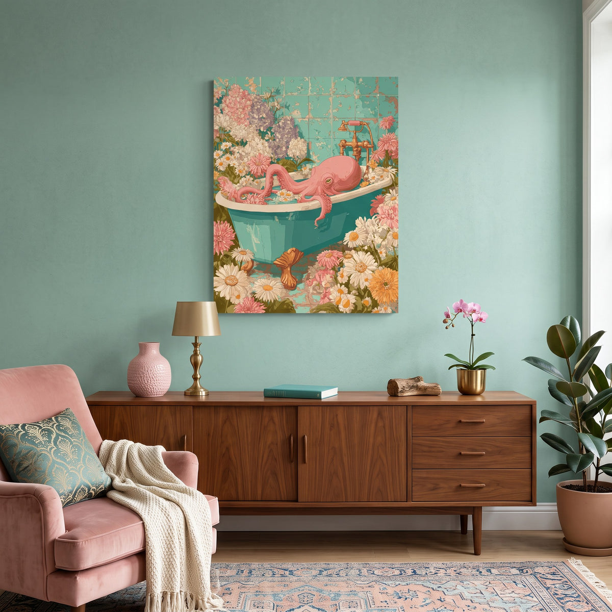 Tableau peinture par numéro Pieuvre Fleurie accroché dans un intérieur décoré — Maison Artsen