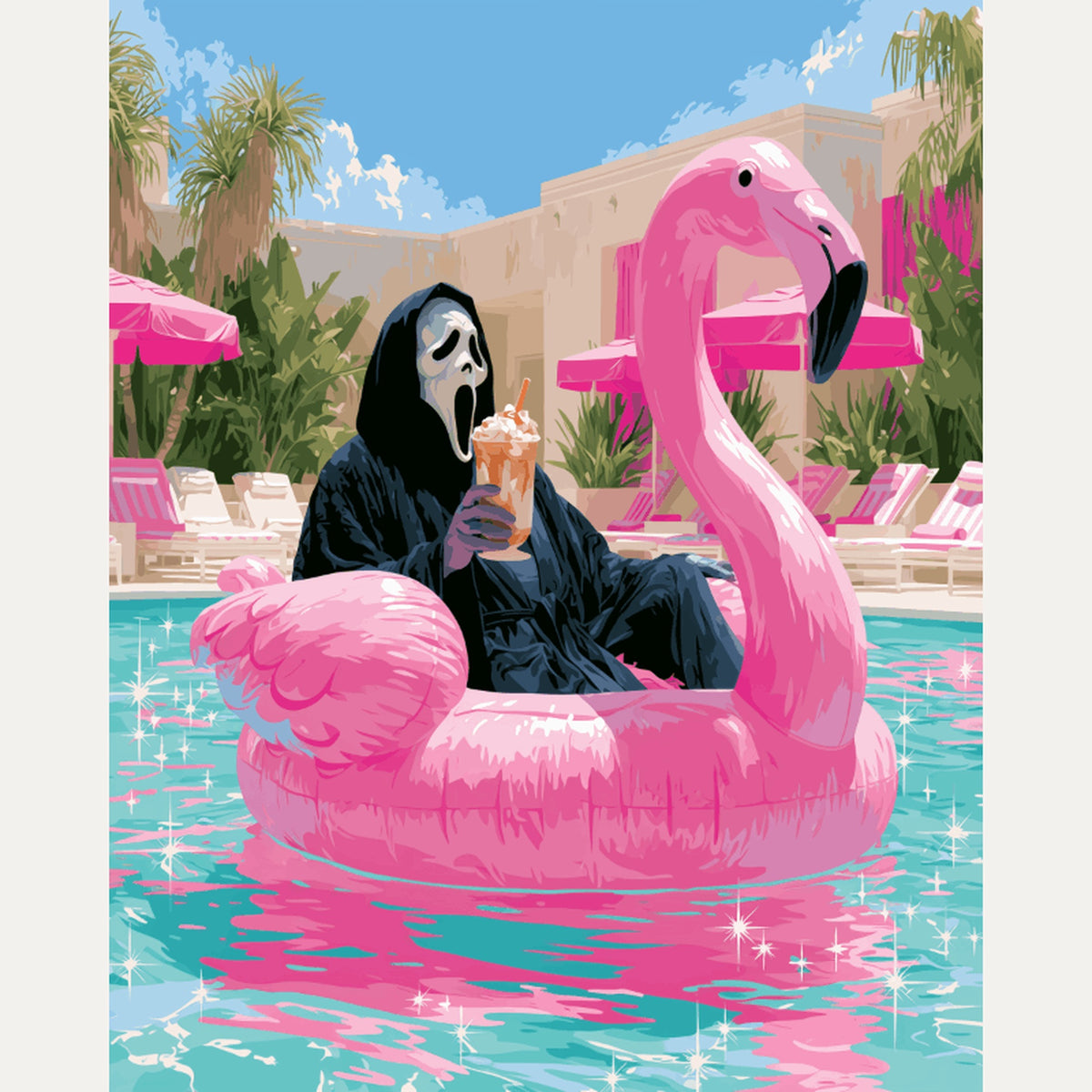 Peinture par numéro adulte Piscine du Flamant Rose, visuel complet du design — Maison Artsen