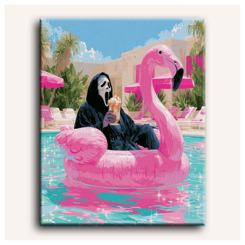 Peinture par numéro adulte Piscine du Flamant Rose, toile tendue vue de face — Maison Artsen