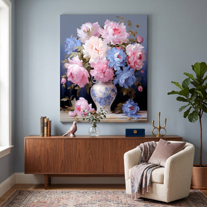 Tableau peinture par numéro Pivoines en Vase de Delft accroché dans un intérieur décoré — Maison Artsen