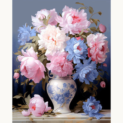 Modèle à peindre Pivoines en Vase de Delft, peinture par numéro 30×40 cm — Maison Artsen