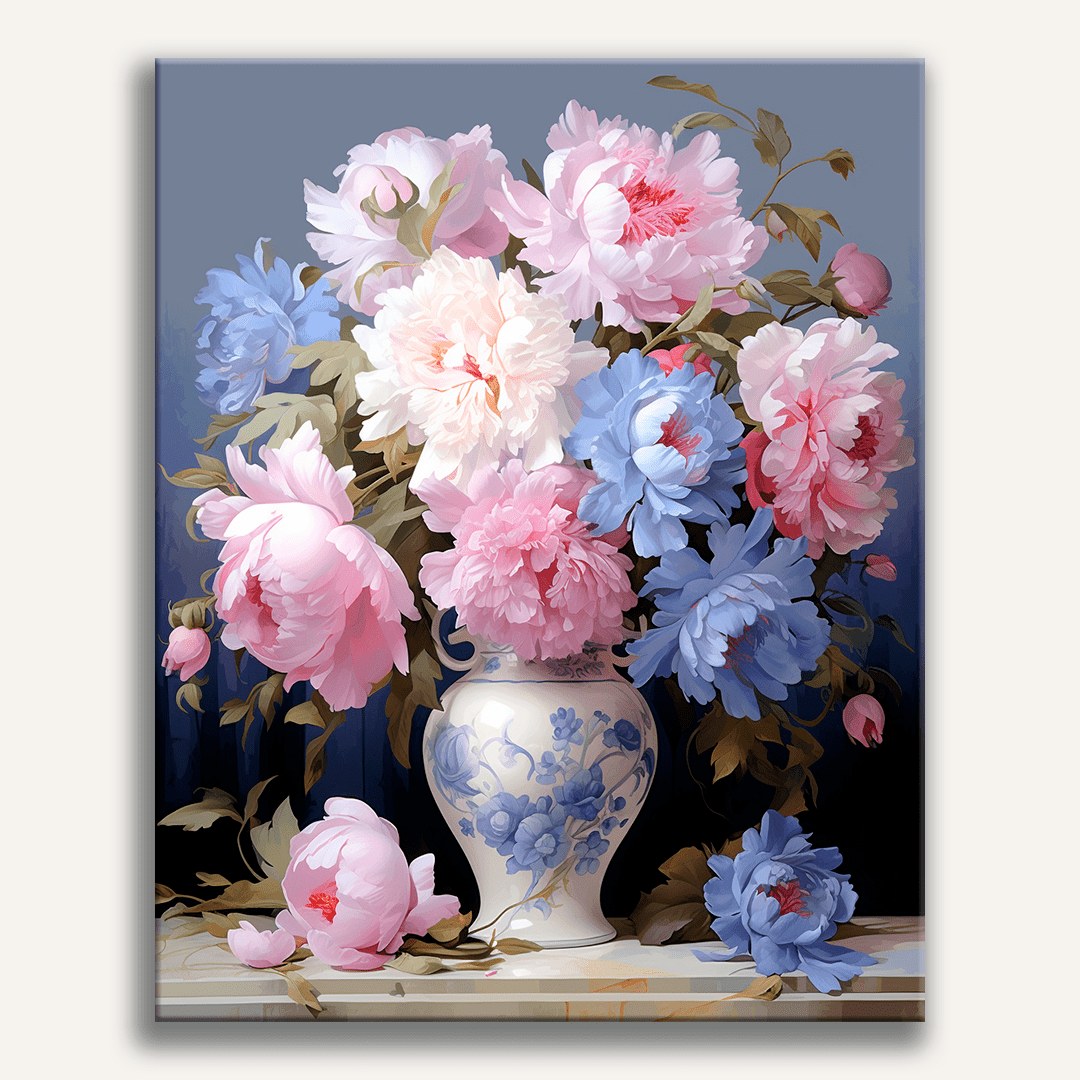 Peinture par numéro adulte Pivoines en Vase de Delft, toile tendue 30×40 cm — Maison Artsen