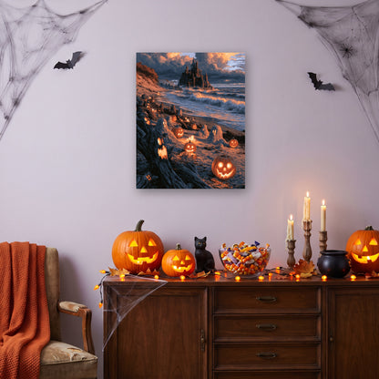 Tableau peinture par numéro Plage du Château Hanté accroché dans un salon décoré pour Halloween — Maison Artsen