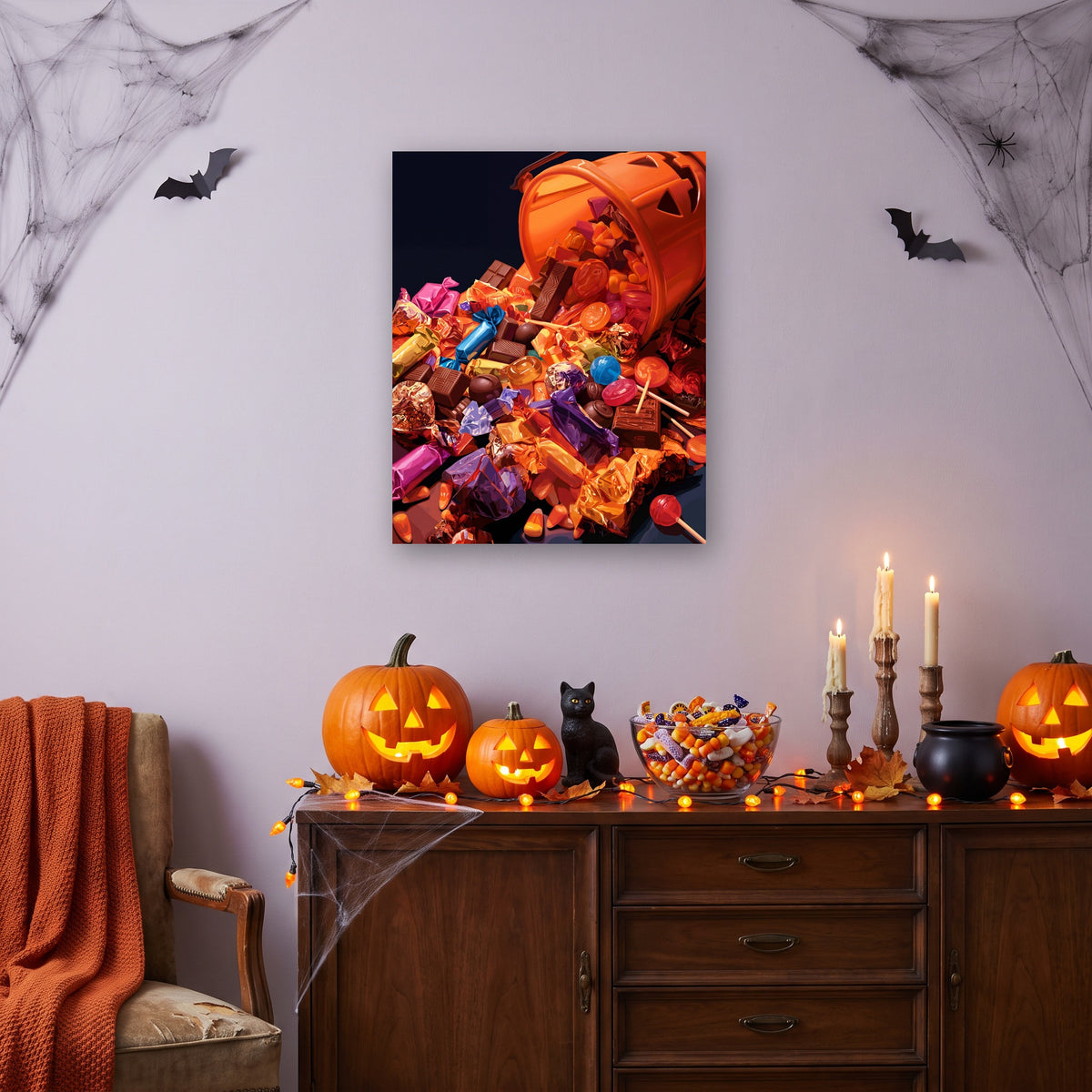 Tableau peinture par numéro Pluie de Bonbons accroché dans un salon décoré pour Halloween — Maison Artsen