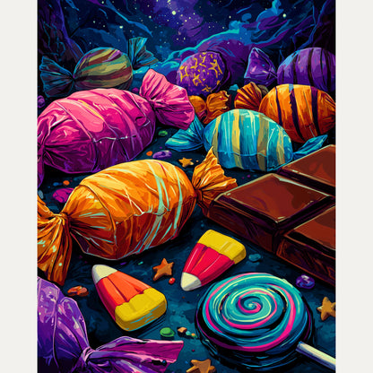 Peinture par numéro adulte Pluie de Friandises, visuel complet du design — Maison Artsen