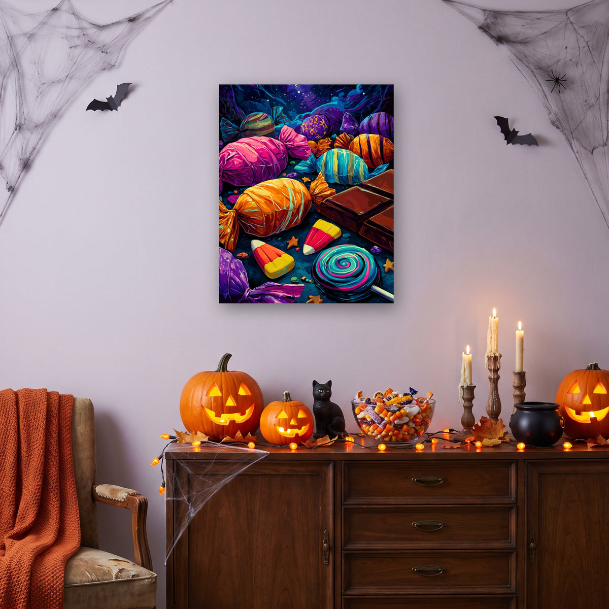 Tableau peinture par numéro Pluie de Friandises accroché dans un salon décoré pour Halloween — Maison Artsen