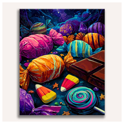 Peinture par numéro adulte Pluie de Friandises, toile tendue vue de face — Maison Artsen