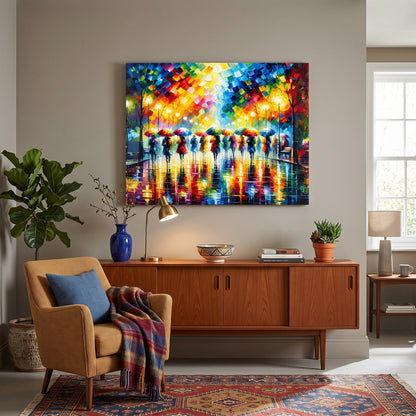 Tableau peinture par numéro Pluie de Parapluies accroché dans un intérieur décoré — Maison Artsen