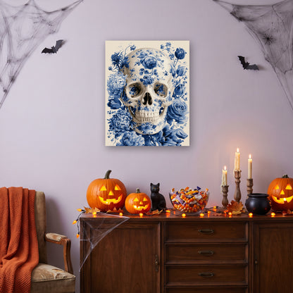 Tableau peinture par numéro Porcelaine Bleue accroché dans un salon décoré pour Halloween — Maison Artsen