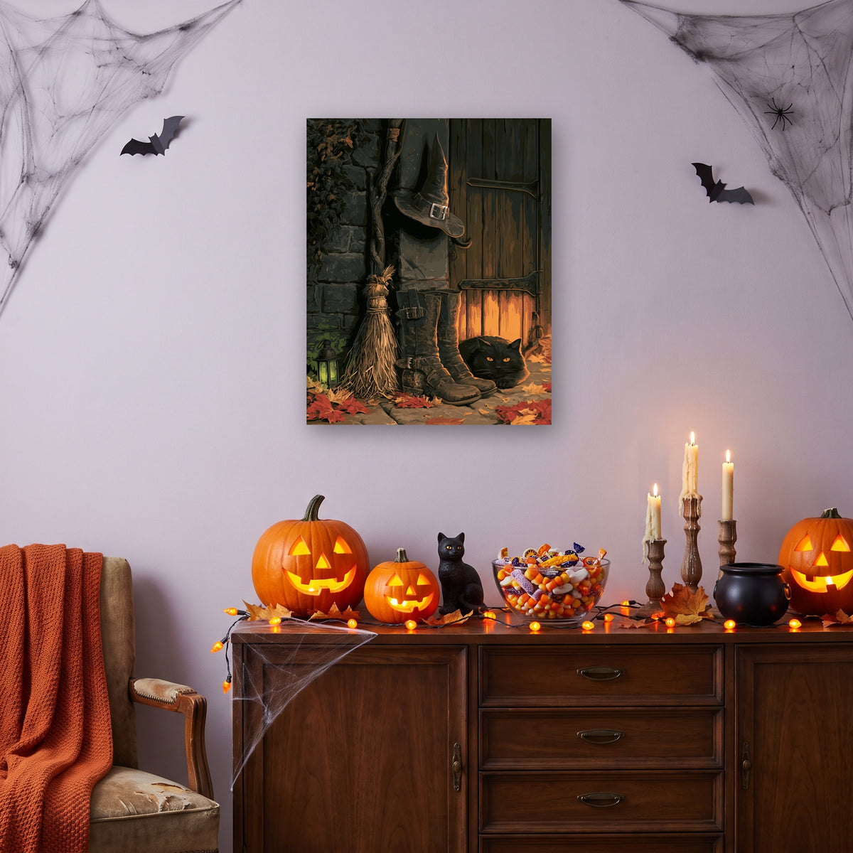 Tableau peinture par numéro Porte de la Sorcière accroché dans un salon décoré pour Halloween — Maison Artsen