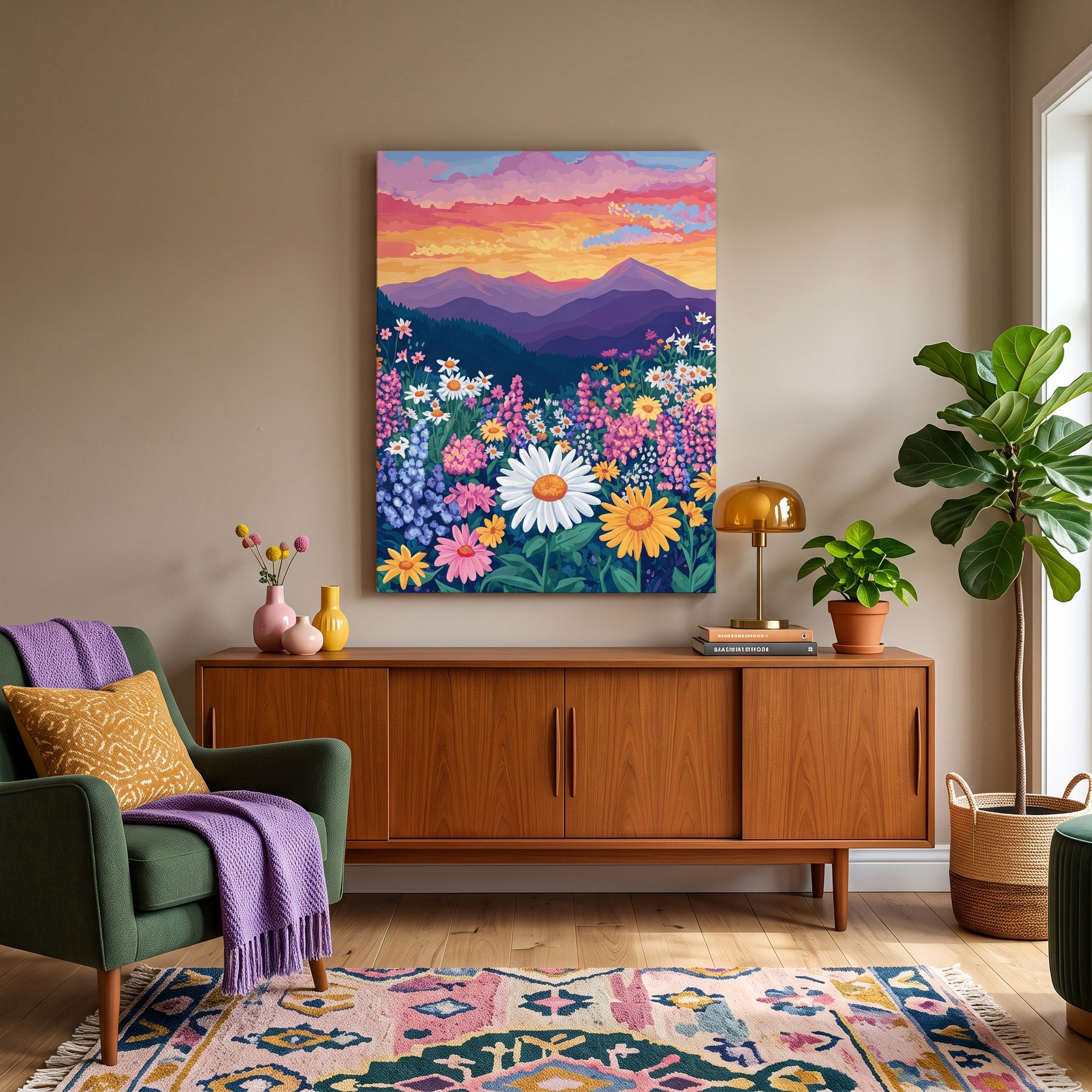 Tableau peinture par numéro Prairie Fleurie accroché dans un intérieur décoré — Maison Artsen