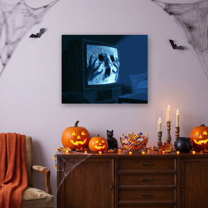 Tableau peinture par numéro Prisonnier de l'Écran accroché dans un salon décoré pour Halloween — Maison Artsen