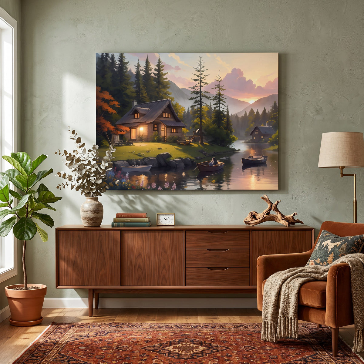 Tableau peinture par numéro Refuge Forestier accroché dans un intérieur décoré — Maison Artsen