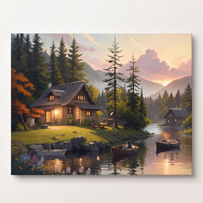 Peinture par numéro adulte Refuge Forestier, visuel complet du design sur toile — Maison Artsen