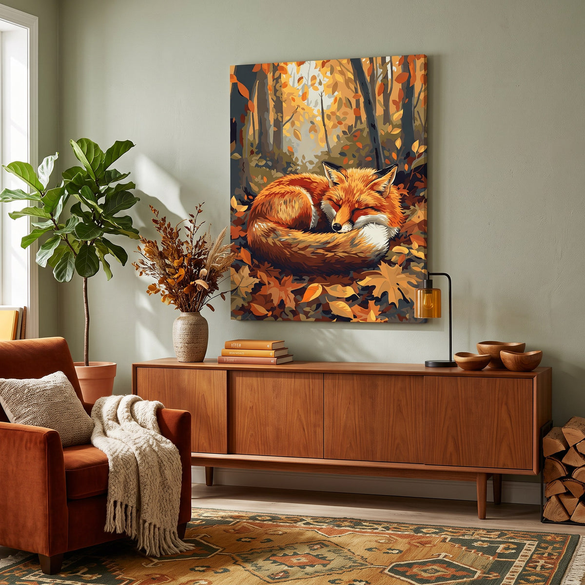 Tableau peinture par numéro Renard Endormi accroché dans un intérieur décoré — Maison Artsen