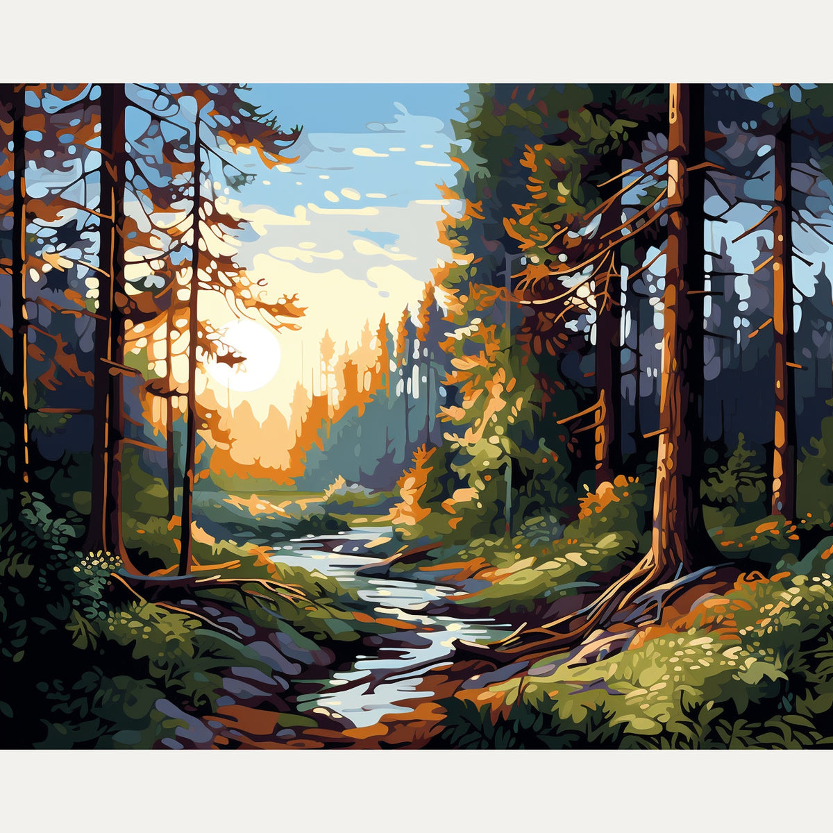 Peinture par numéro adulte Rivière au Crépuscule, visuel complet du design sur toile — Maison Artsen