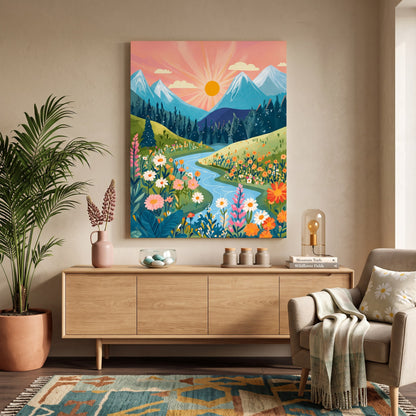 Tableau peinture par numéro Rivière entre les Montagnes accroché dans un intérieur décoré — Maison Artsen