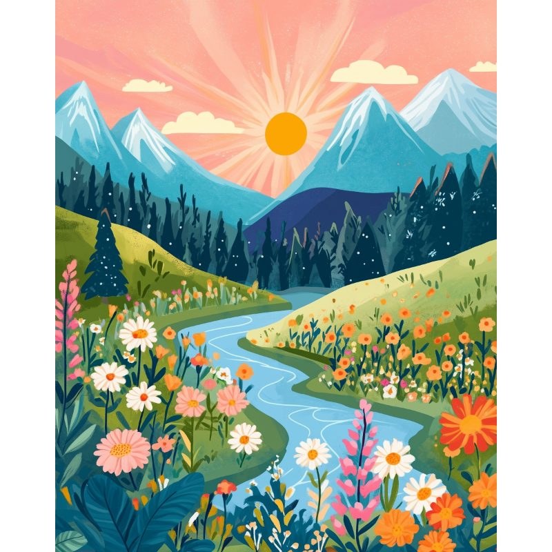 Modèle à peindre Rivière entre les Montagnes, peinture par numéro 30×40 cm — Maison Artsen