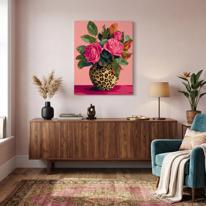Tableau peinture par numéro Roses en Vase Léopard accroché dans un intérieur décoré — Maison Artsen
