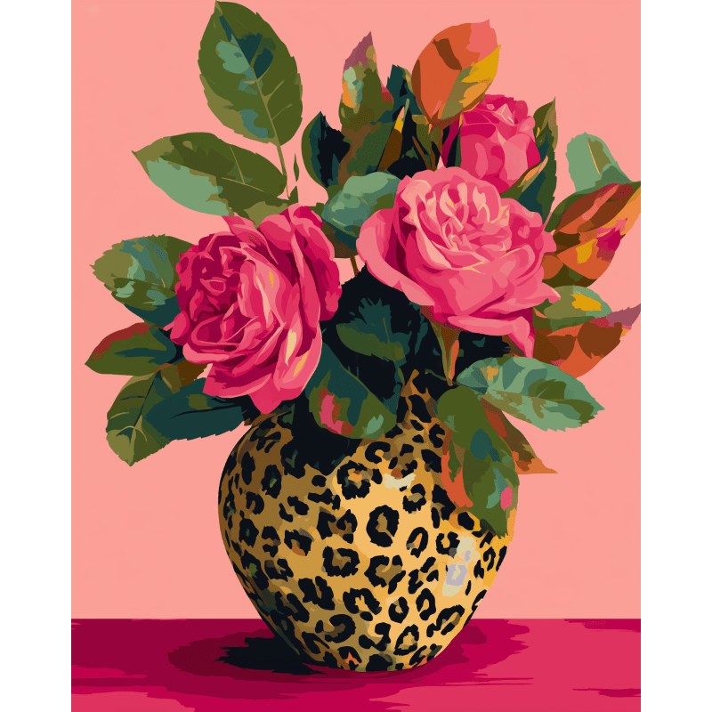 Modèle à peindre Roses en Vase Léopard, peinture par numéro 30×40 cm — Maison Artsen