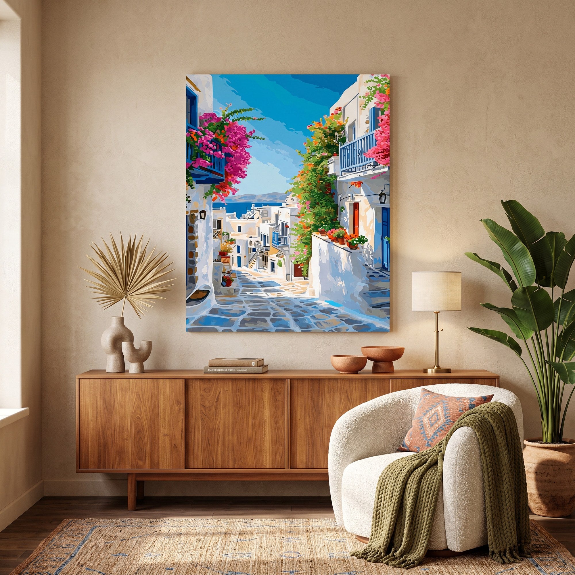 Tableau peinture par numéro Ruelle des Cyclades accroché dans un intérieur décoré — Maison Artsen
