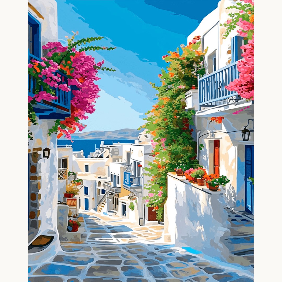 Modèle à peindre Ruelle des Cyclades, peinture par numéro 30×40 cm — Maison Artsen