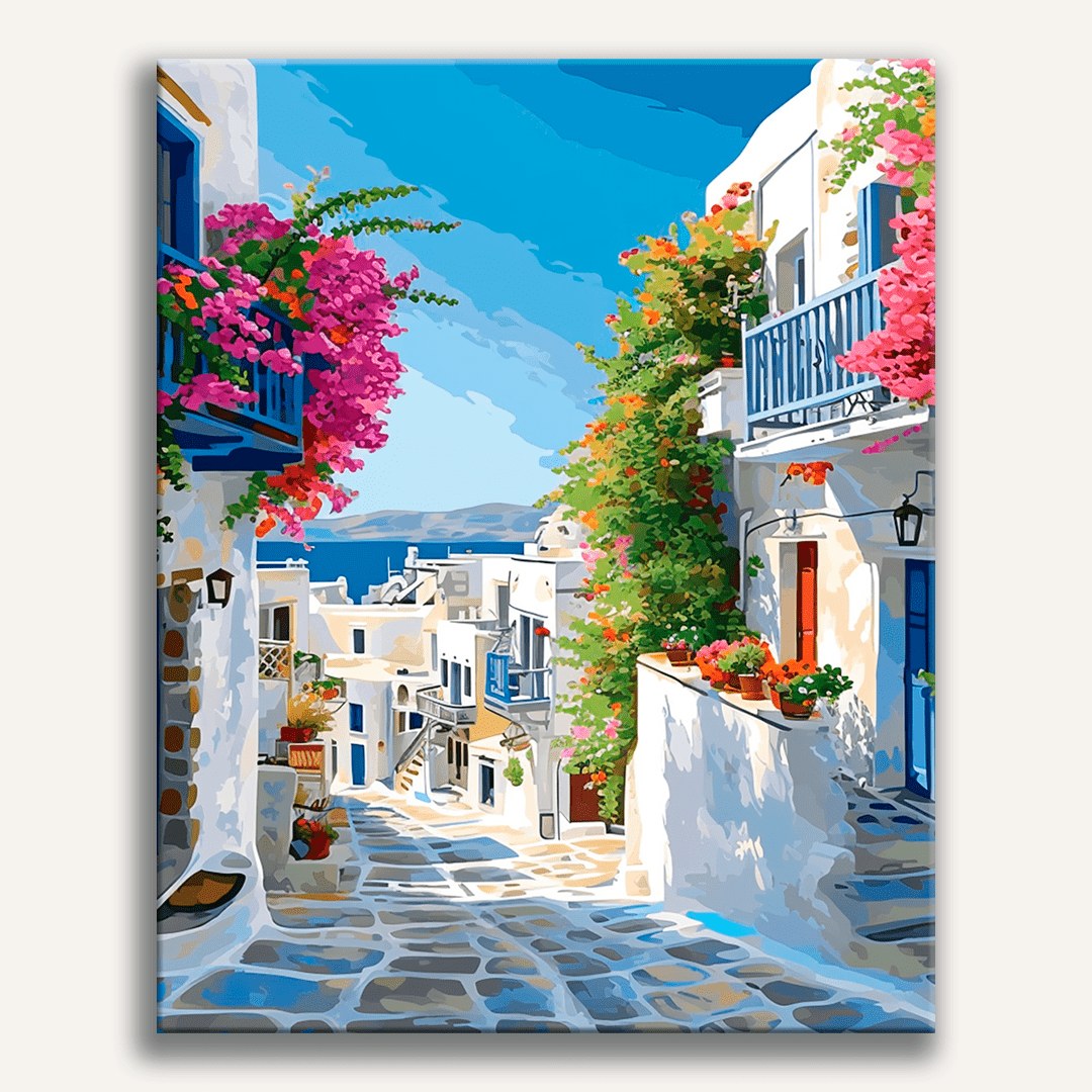 Peinture par numéro adulte Ruelle des Cyclades, toile tendue 30×40 cm — Maison Artsen