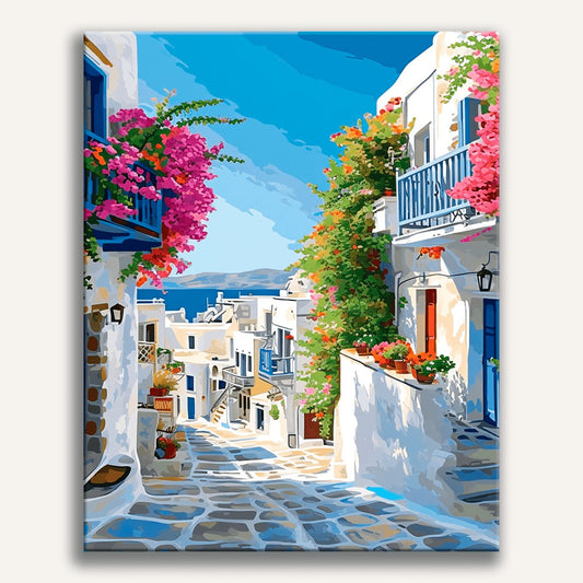 Peinture par numéro adulte Ruelle des Cyclades, toile tendue 30×40 cm — Maison Artsen