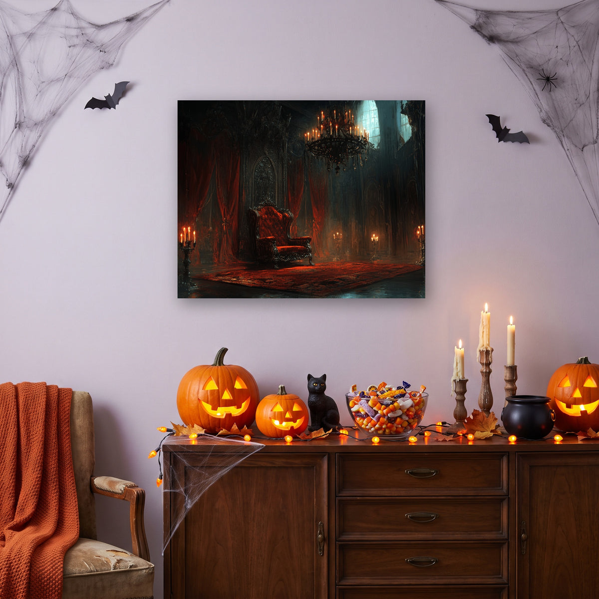 Tableau peinture par numéro Salon du Vampire accroché dans un salon décoré pour Halloween — Maison Artsen