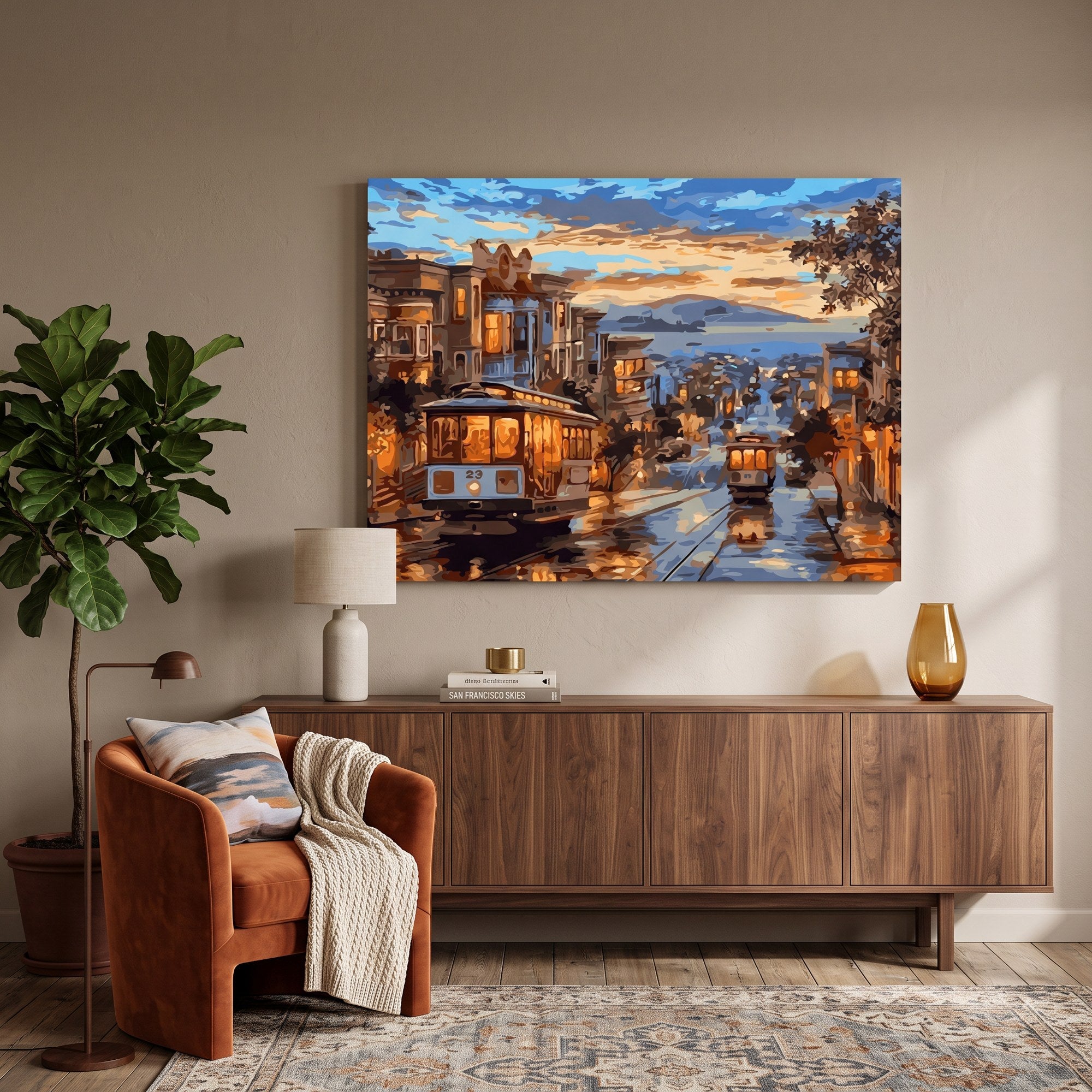 Tableau peinture par numéro San Francisco au Crépuscule accroché dans un intérieur décoré — Maison Artsen