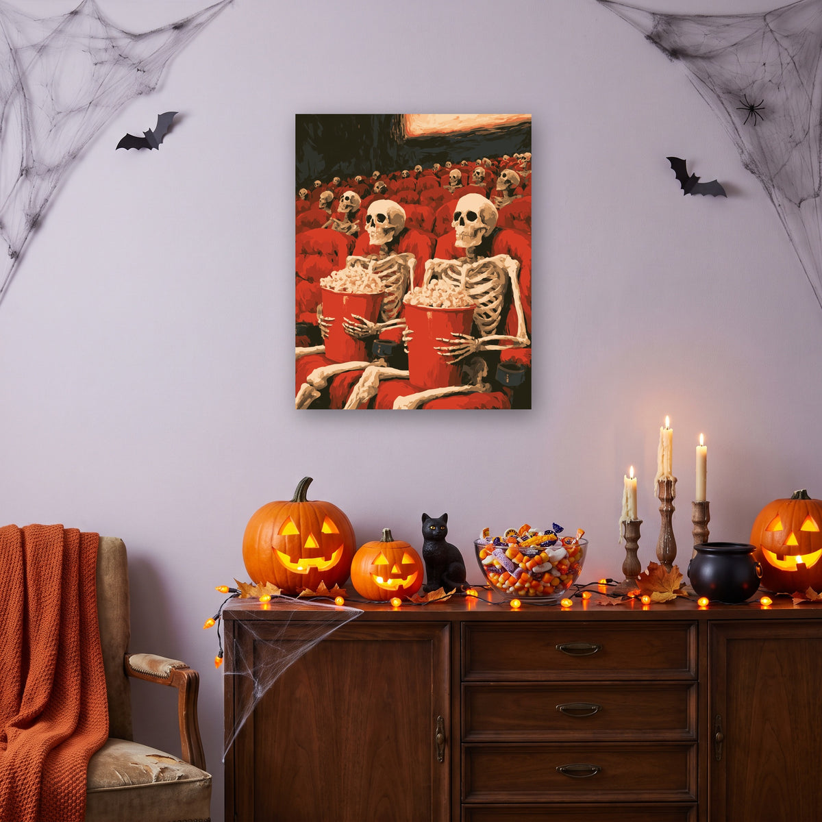 Tableau peinture par numéro Séance de Minuit accroché dans un salon décoré pour Halloween — Maison Artsen