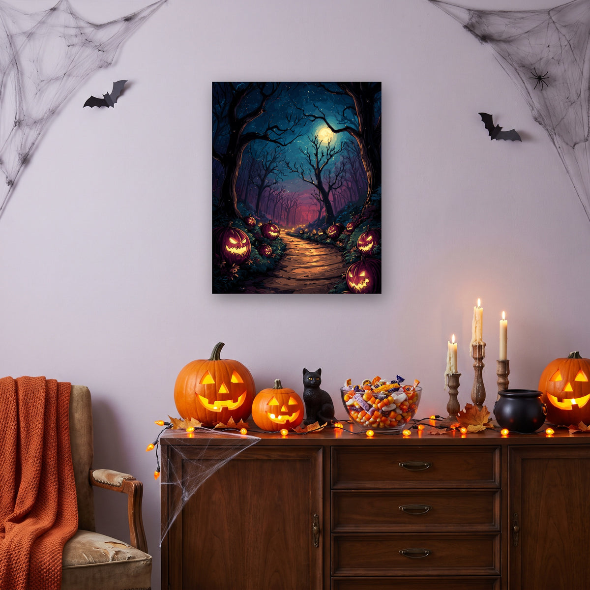 Tableau peinture par numéro Sentier des Citrouilles accroché dans un salon décoré pour Halloween — Maison Artsen