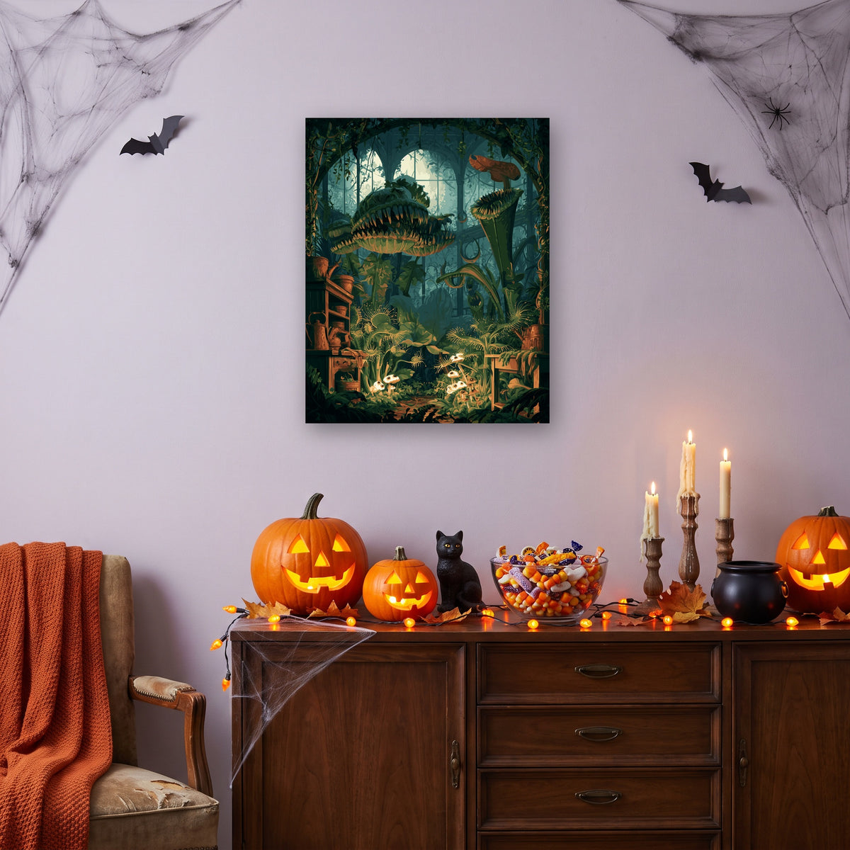Tableau peinture par numéro Serre des Plantes Carnivores accroché dans un salon décoré pour Halloween — Maison Artsen