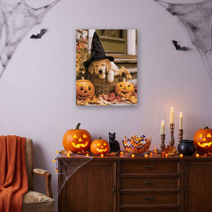 Tableau peinture par numéro Sieste du Petit Sorcier accroché dans un salon décoré pour Halloween — Maison Artsen