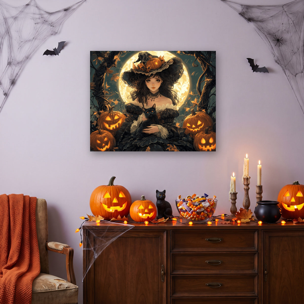 Tableau peinture par numéro Sorcière au Chat Noir accroché dans un salon décoré pour Halloween — Maison Artsen
