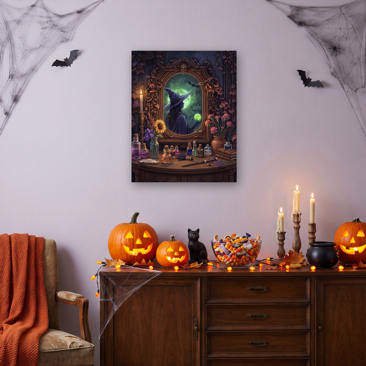 Tableau peinture par numéro Sorcière au Miroir accroché dans un salon décoré pour Halloween — Maison Artsen