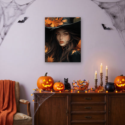 Tableau peinture par numéro Sorcière aux Feuilles Rousses accroché dans un salon décoré pour Halloween — Maison Artsen