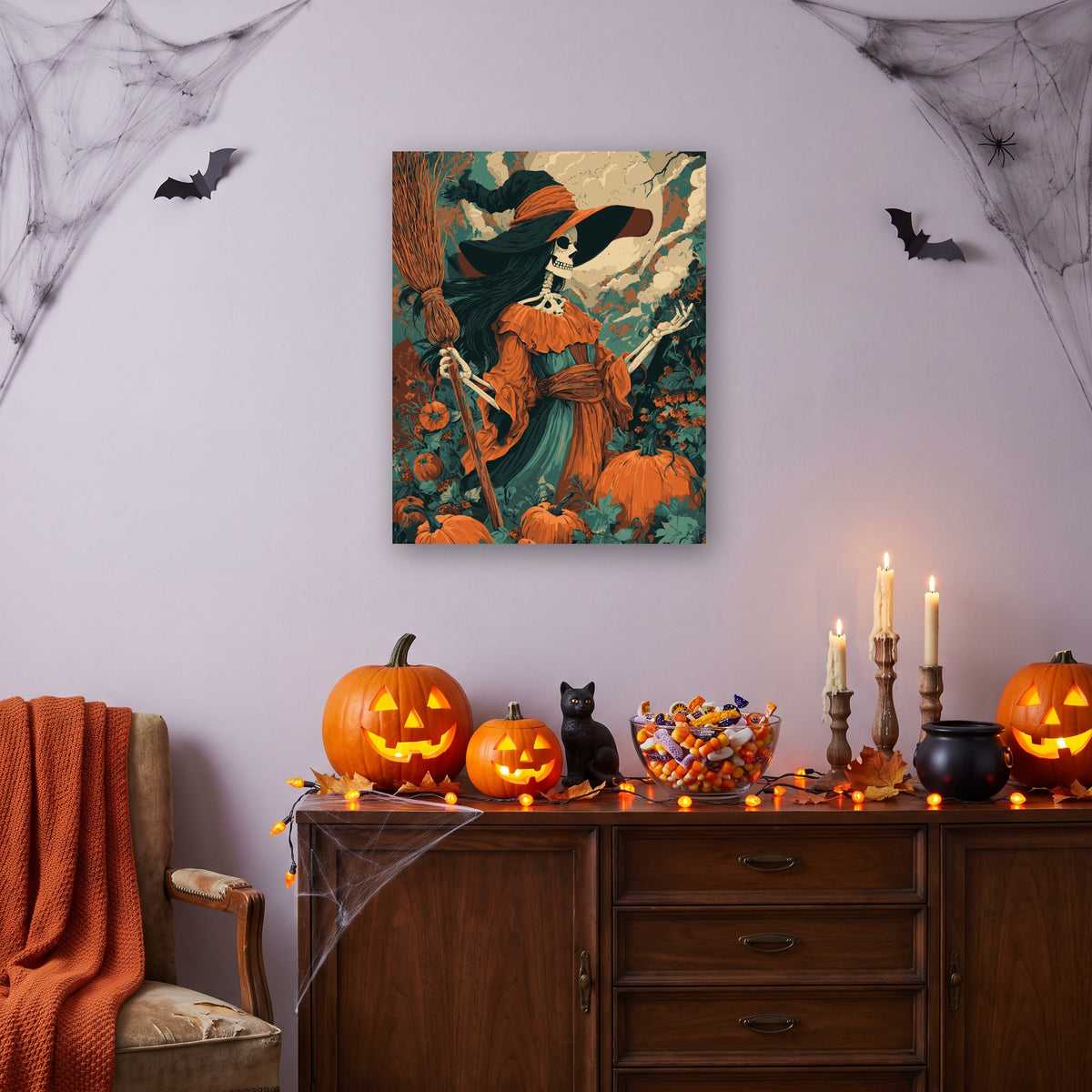 Tableau peinture par numéro Sorcière d'Automne accroché dans un salon décoré pour Halloween — Maison Artsen