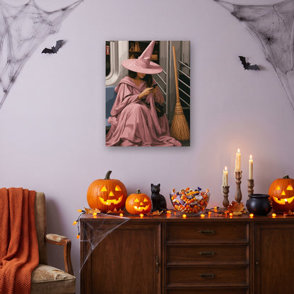 Tableau peinture par numéro Sorcière dans le Métro accroché dans un salon décoré pour Halloween — Maison Artsen