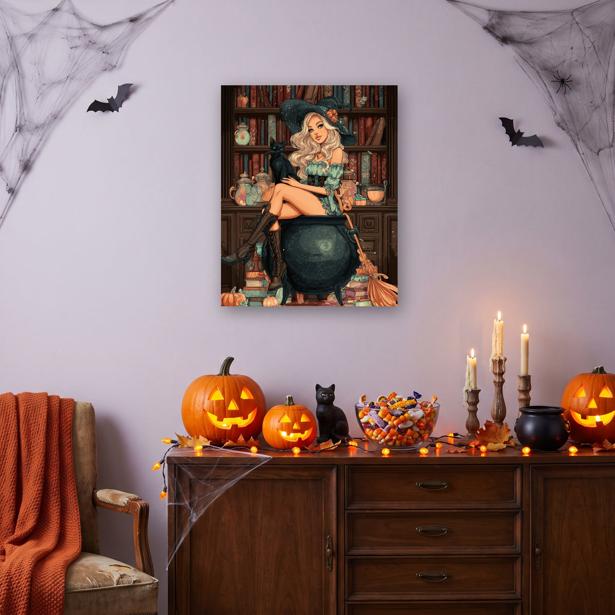 Tableau peinture par numéro Sorcière de la Bibliothèque accroché dans un salon décoré pour Halloween — Maison Artsen