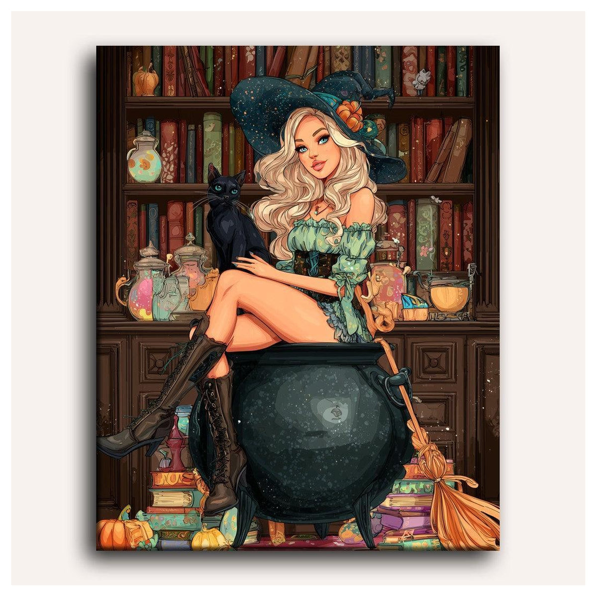 Peinture par numéro adulte Sorcière de la Bibliothèque, toile tendue vue de face — Maison Artsen