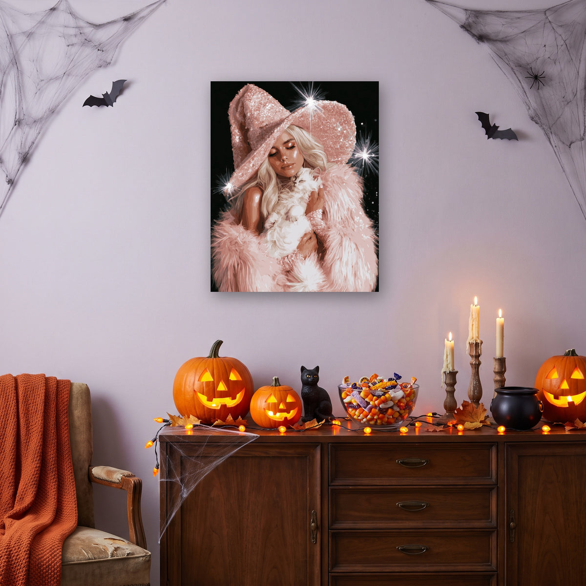 Tableau peinture par numéro Sorcière Paillettes Roses accroché dans un salon décoré pour Halloween — Maison Artsen