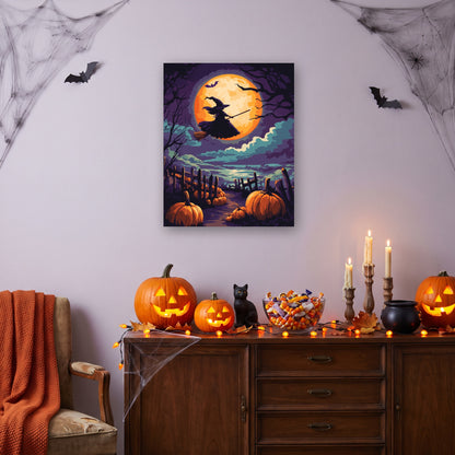 Tableau peinture par numéro Sorcière sous la Lune accroché dans un salon décoré pour Halloween — Maison Artsen