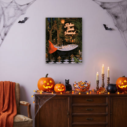 Tableau peinture par numéro Spa de la Sorcière accroché dans un salon décoré pour Halloween — Maison Artsen