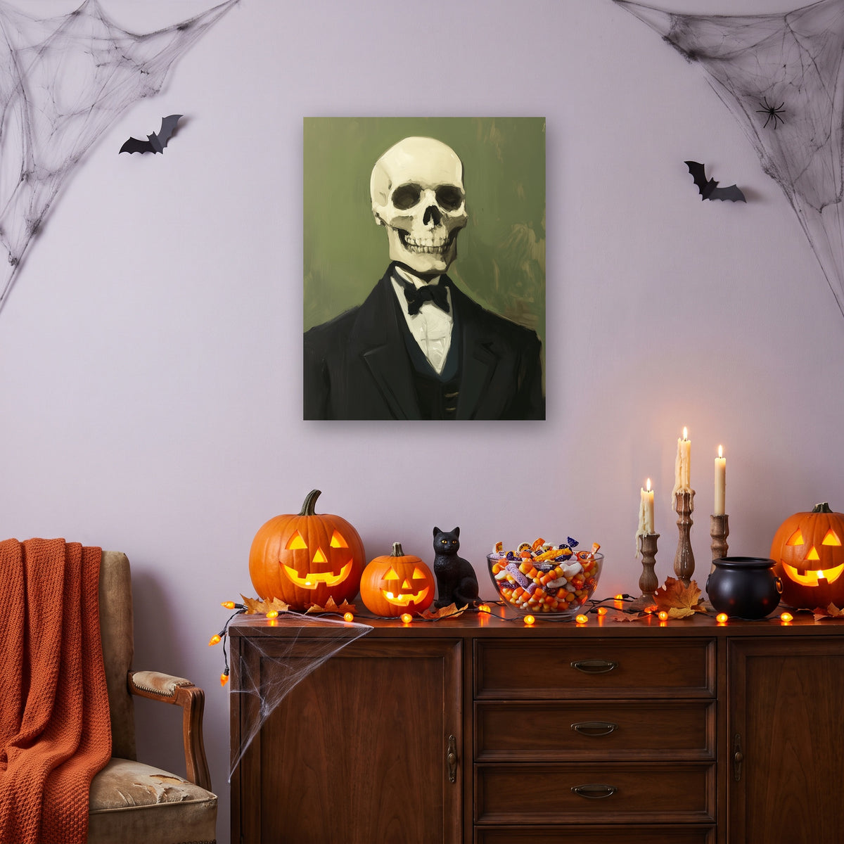 Tableau peinture par numéro Squelette en Smoking accroché dans un salon décoré pour Halloween — Maison Artsen